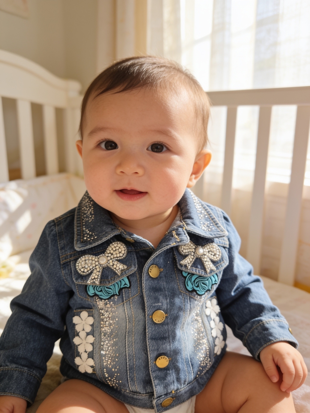 Embellished Blue Denim Baby Jacket with Bow Accents